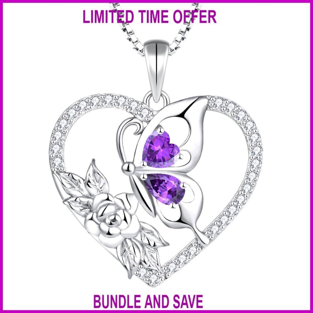 925 Sterling Silver Butterfly Pendant Necklace with Amethyst Birthstone